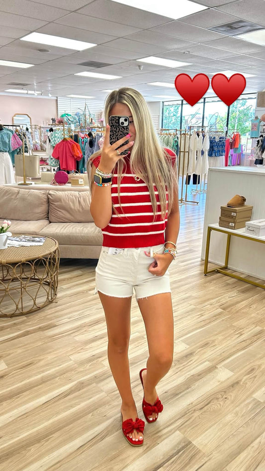 Red Round Neck Striped Sweater Top