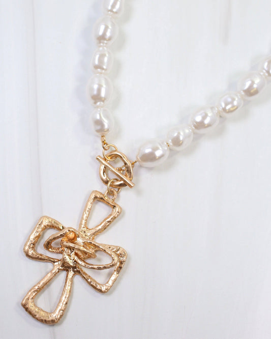 Brylee Pearl Beaded Cross Pendant Necklace Worn Gold: Default