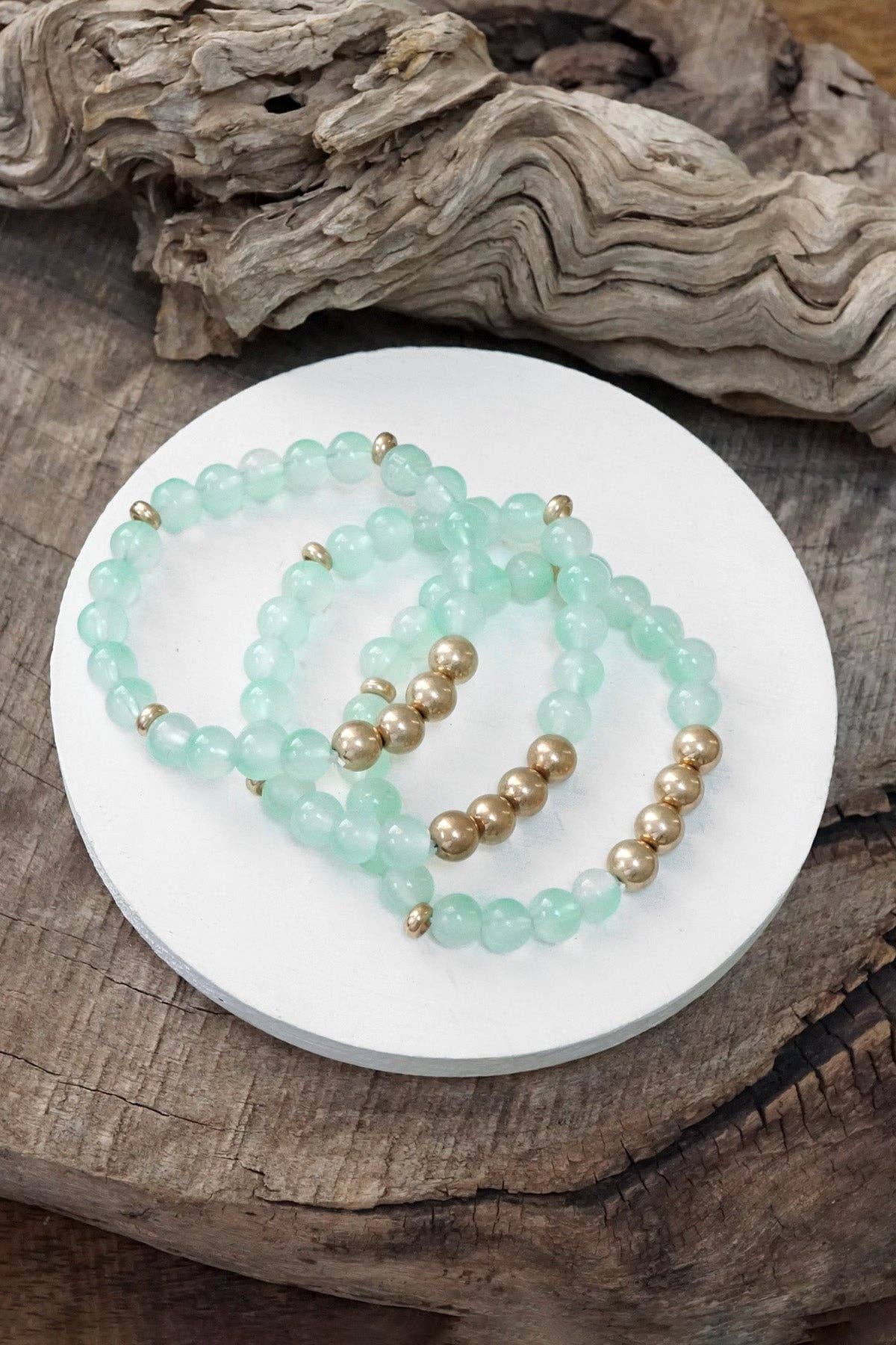 Mint & gold glass bead bracelet stack
