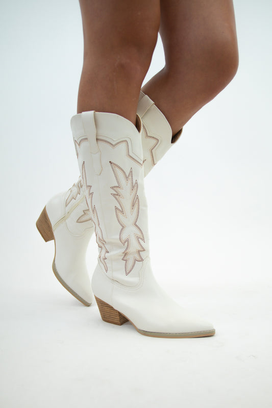 Tall White Brown Embroidered Boots