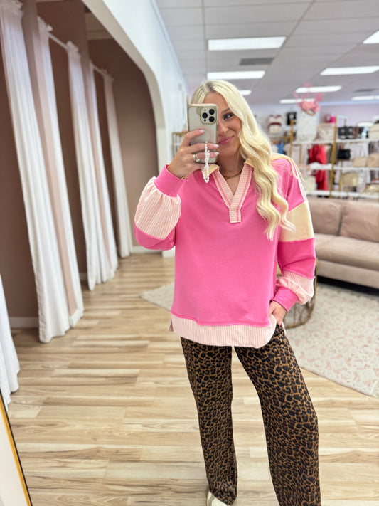 Striped Color Block Collared Pullover