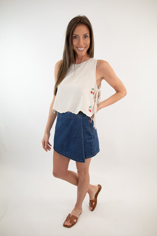 High Waist Denim Wrap Mini Skort