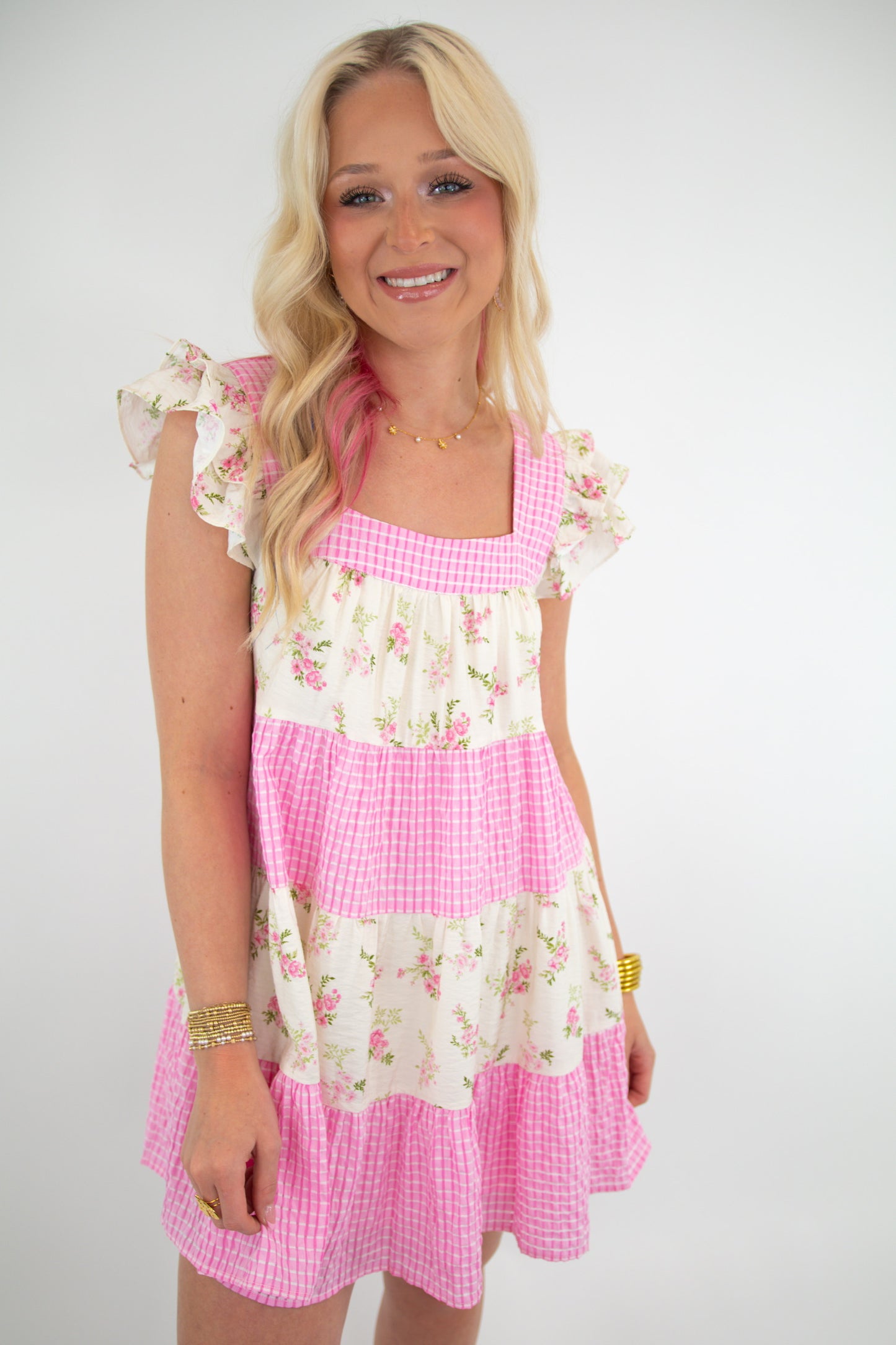 Pink Floral Gingham Dress