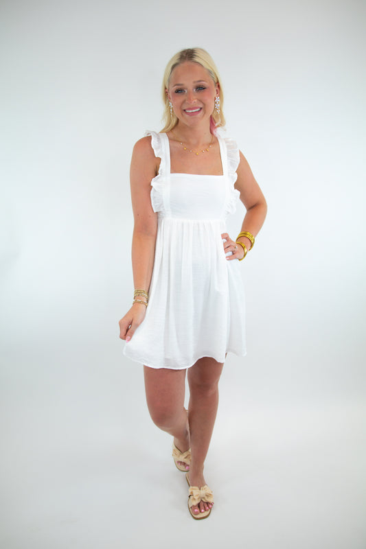 White Ruffle Tie Back Baby Doll Mini Dress