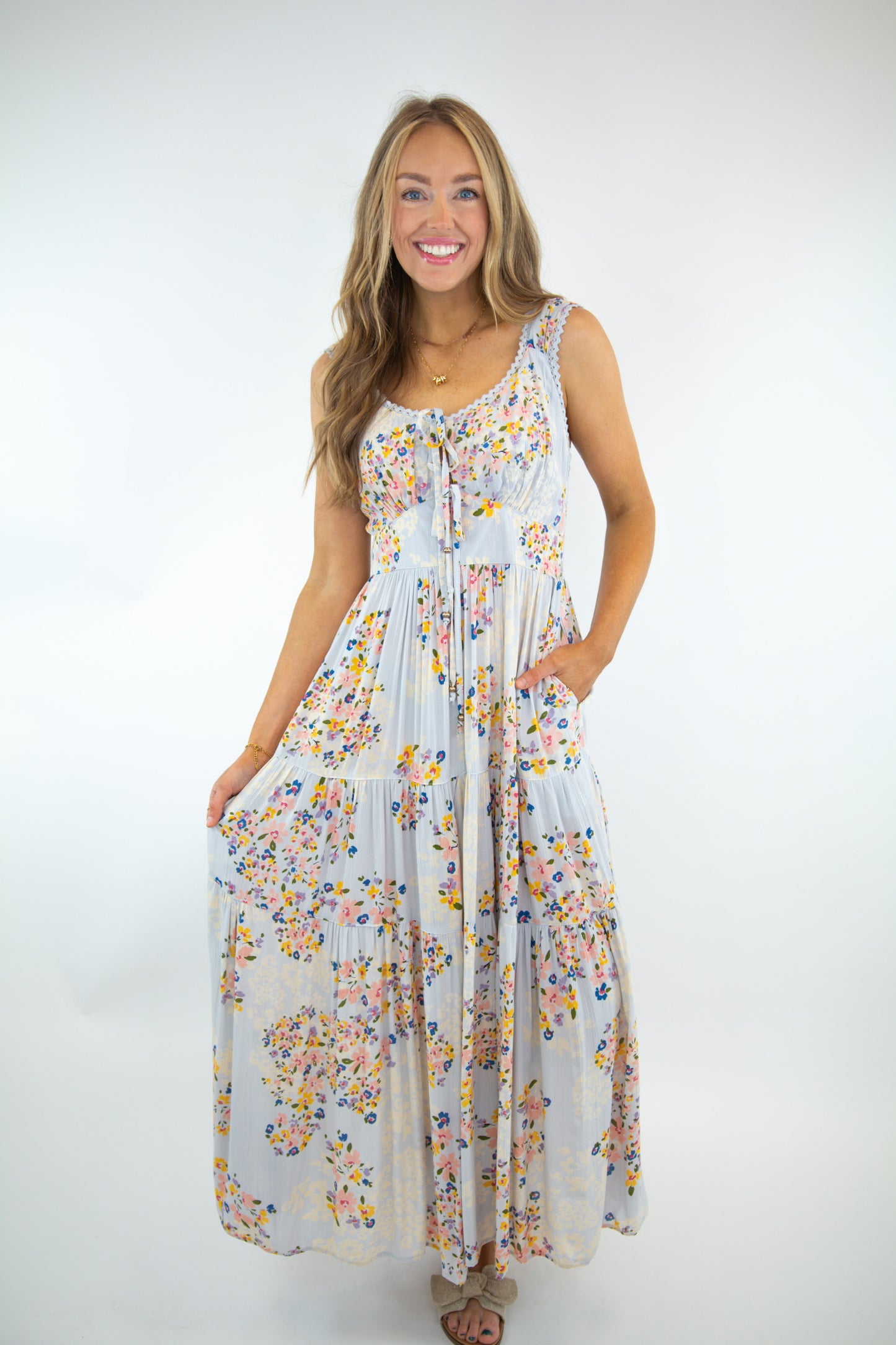 Blue Lace Trim Tiered Maxi Dress