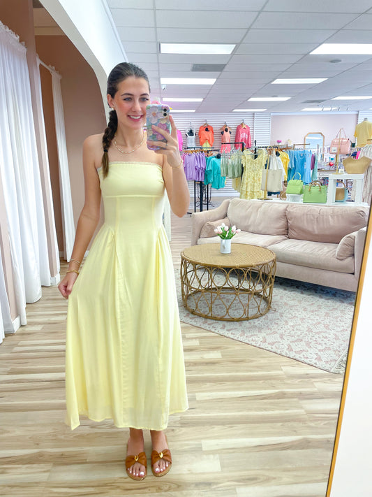 Butter Yellow Lace Trim Strapless Midi Dress