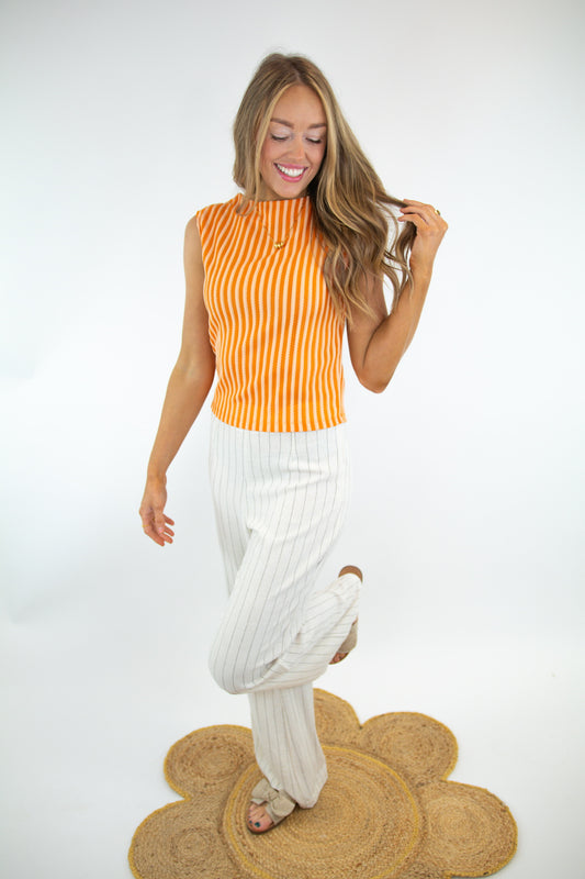 Sleeveless Orange Mock Neck Striped Top