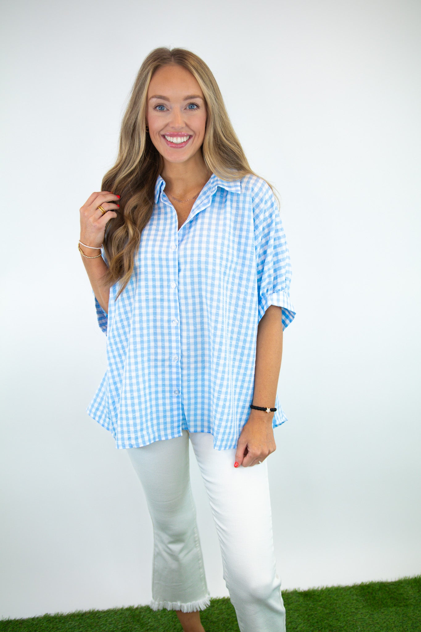 Blue Button Down Oversized Gingham Top