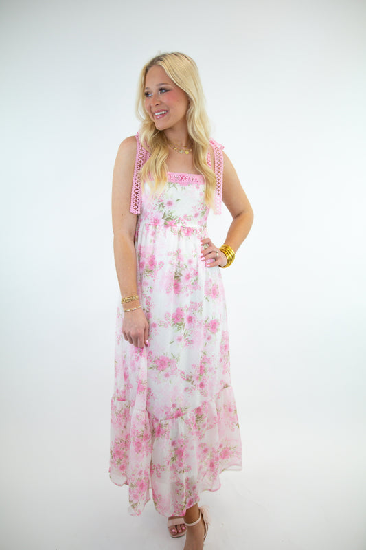 Pink Floral Crochet Lace Strap Maxi Dress