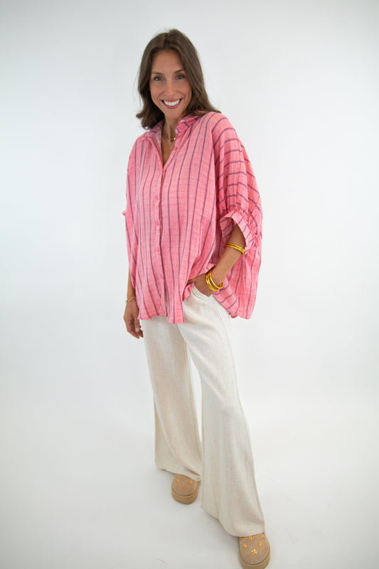 Oversized Coral Striped Button Down Top