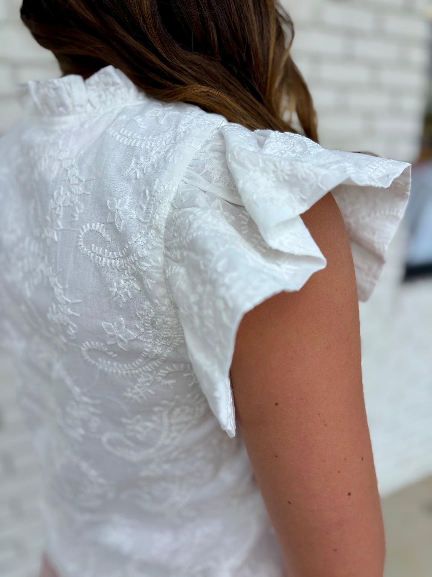 Embroidered Ruffle Sleeve V Neckline Blouse