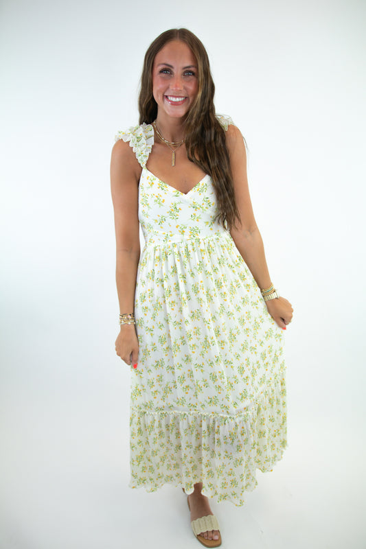 Ivory Spring Florals Ruffle Detail Dress