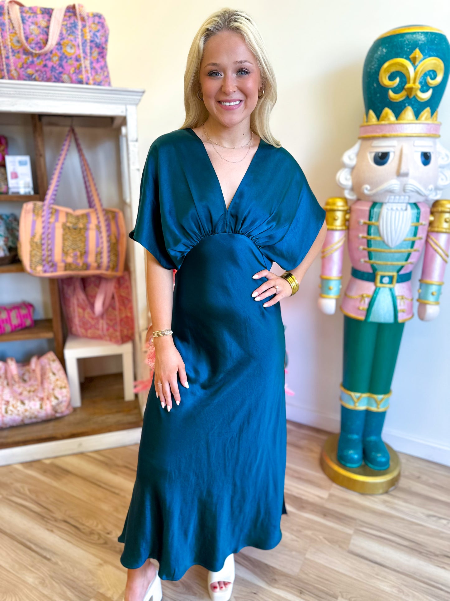 Deep Emerald Satin Maxi Dress