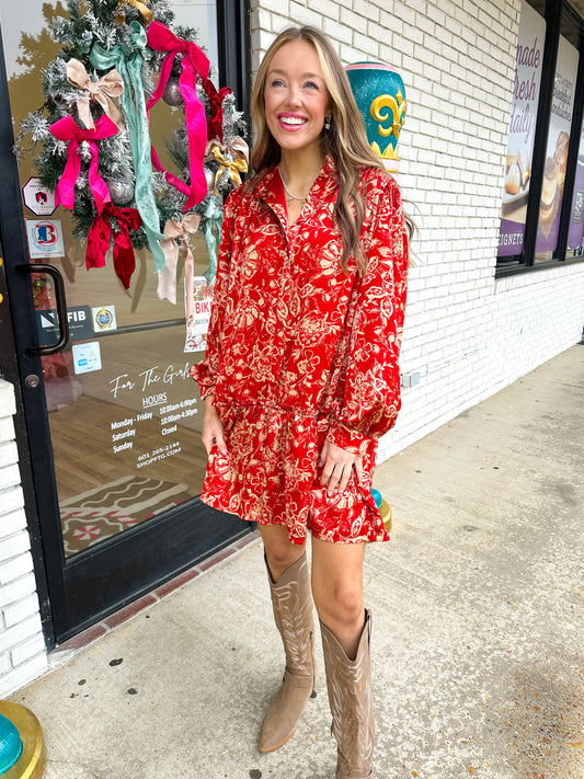 Burgundy Long Sleeve Floral Dress