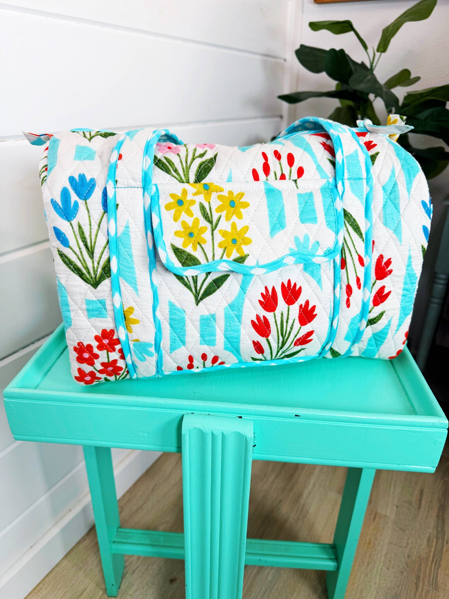 Aqua Garden Party Quilted Mini Duffle Bag