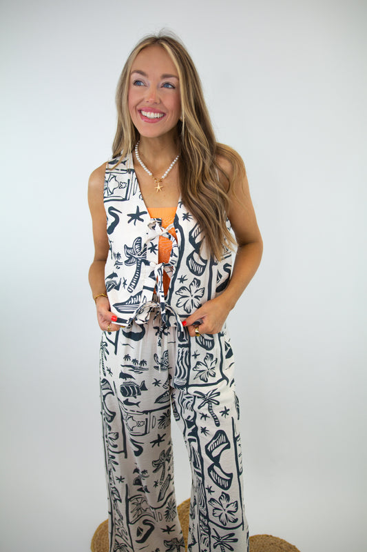 Charcoal Beachy Print Tie Top