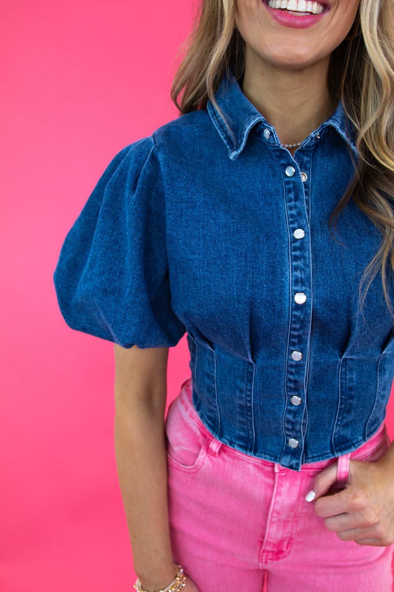 Denim Puff Sleeve Pleated Crop Top