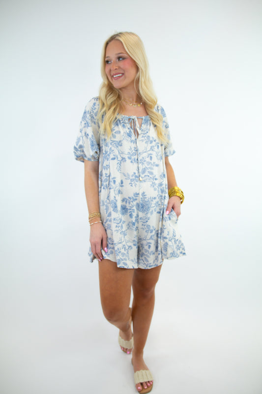 Blue Floral Linen Flowy Romper