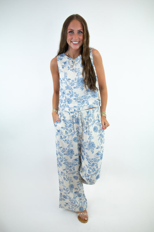 Blue Blossom Linen Pants