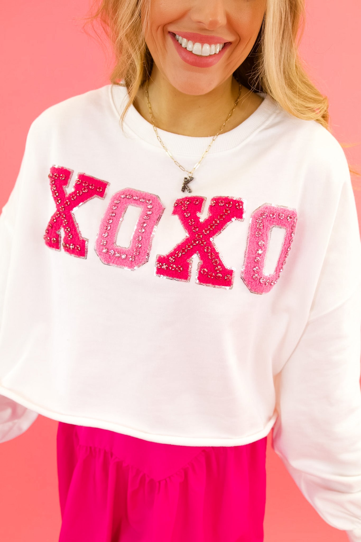 "XOXO" Chenille Patch Rhinestone Cropped Pullover