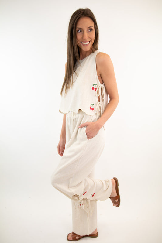 Linen Embroidered Scallop Hem Pants