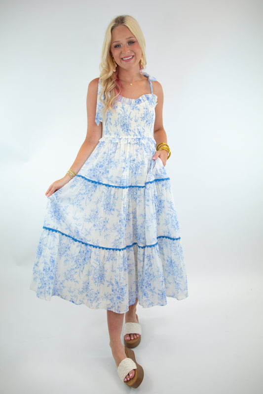 Blue Floral Smocked Ruffle Trim Midi Dress