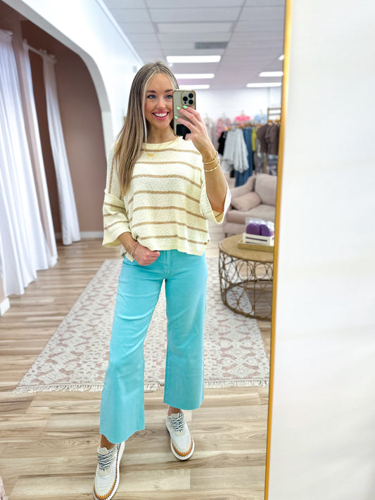 Turquoise High Rise Wide Leg Cropped Jeans