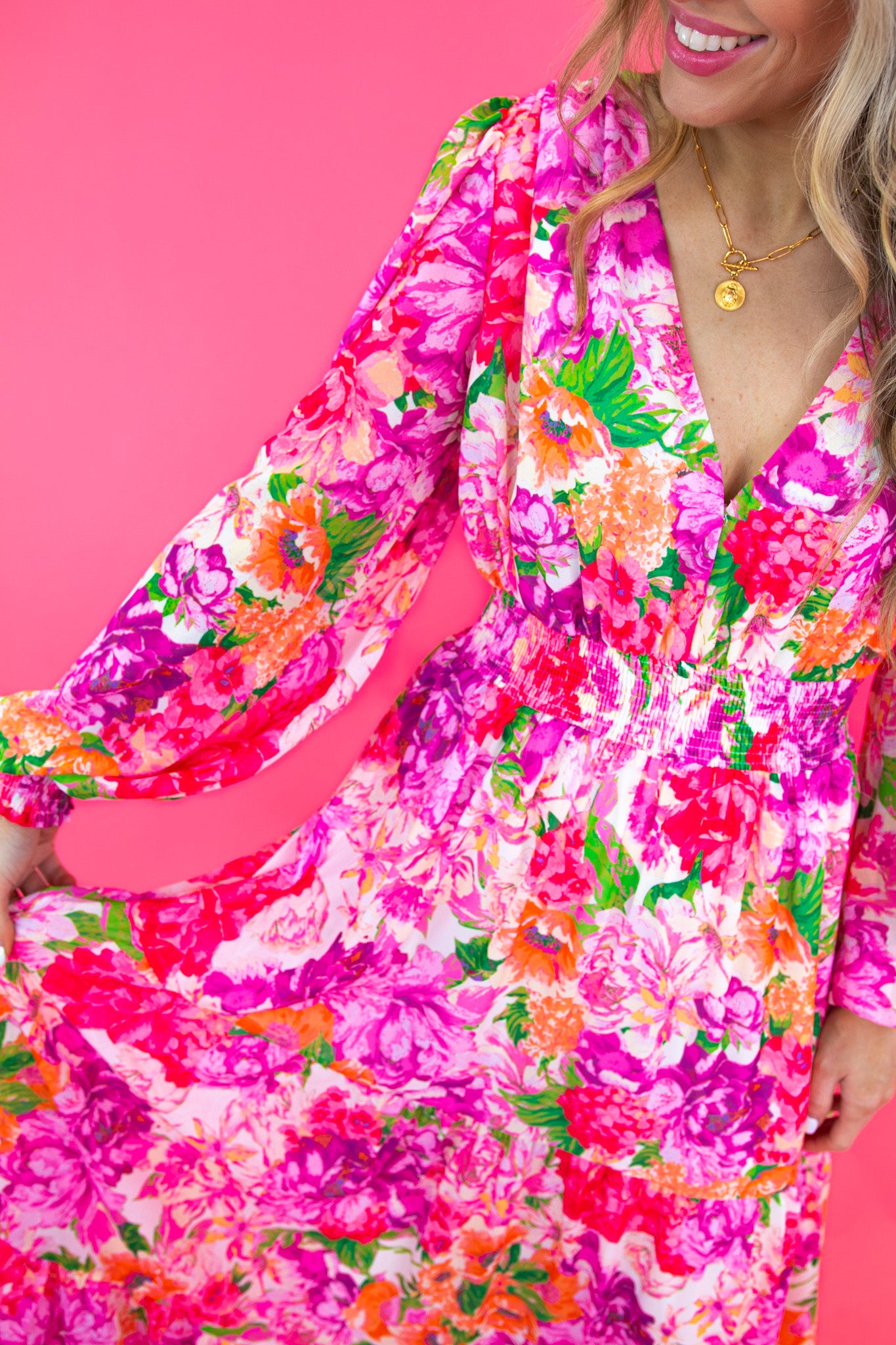 Pink Floral Long Sleeve Maxi Dress