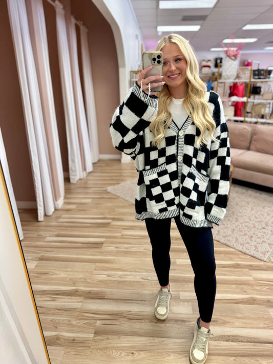 Black & White Checkered Chunky Cardigan
