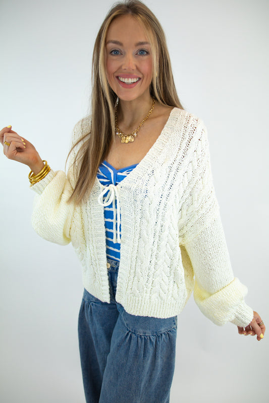 White Tie Front Cable Knit Cardigan