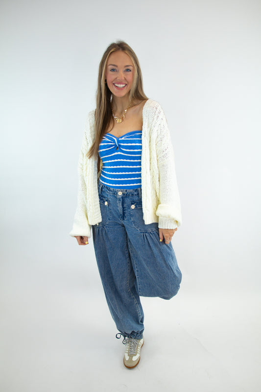 Blue & White Stripe Twist Strapless Top