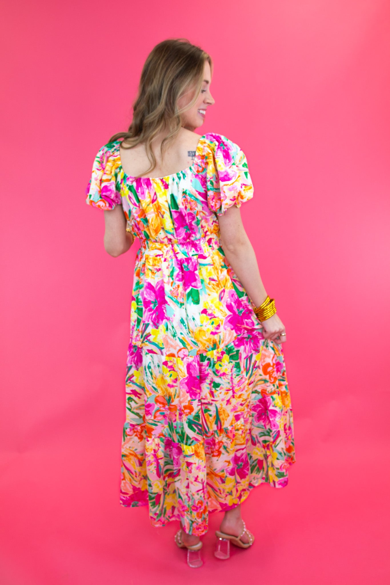 Floral Puff Sleeve Tiered Midi Dress