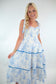 Blue Floral Smocked Ruffle Trim Midi Dress