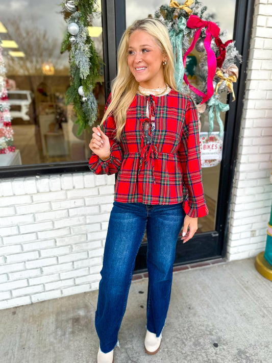 Red and Green Plaid Bow Tie Top
