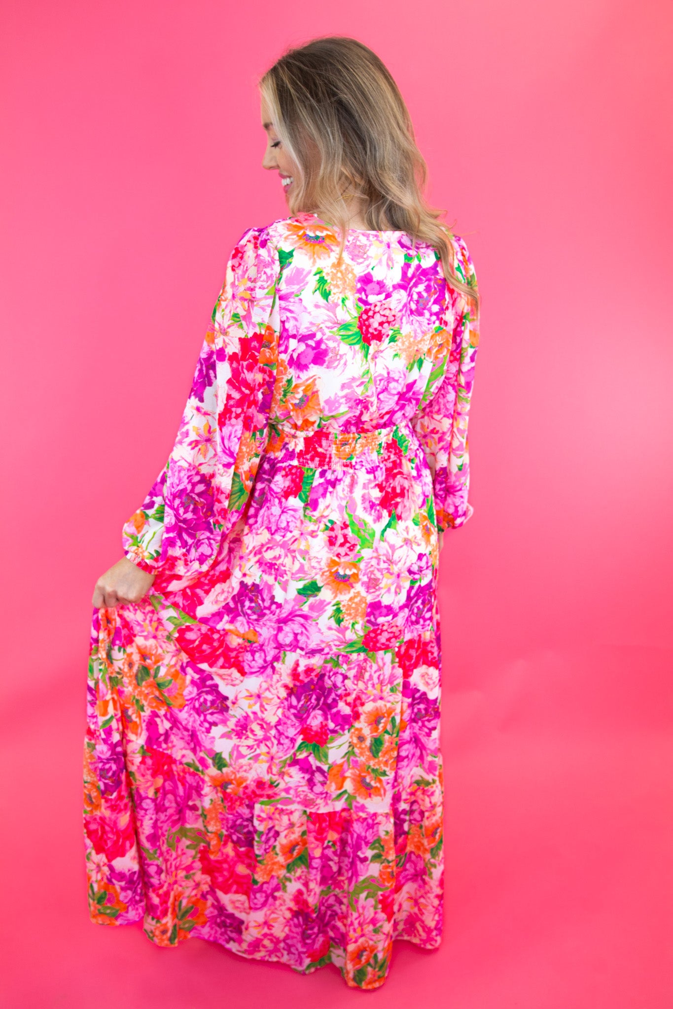 Pink Floral Long Sleeve Maxi Dress