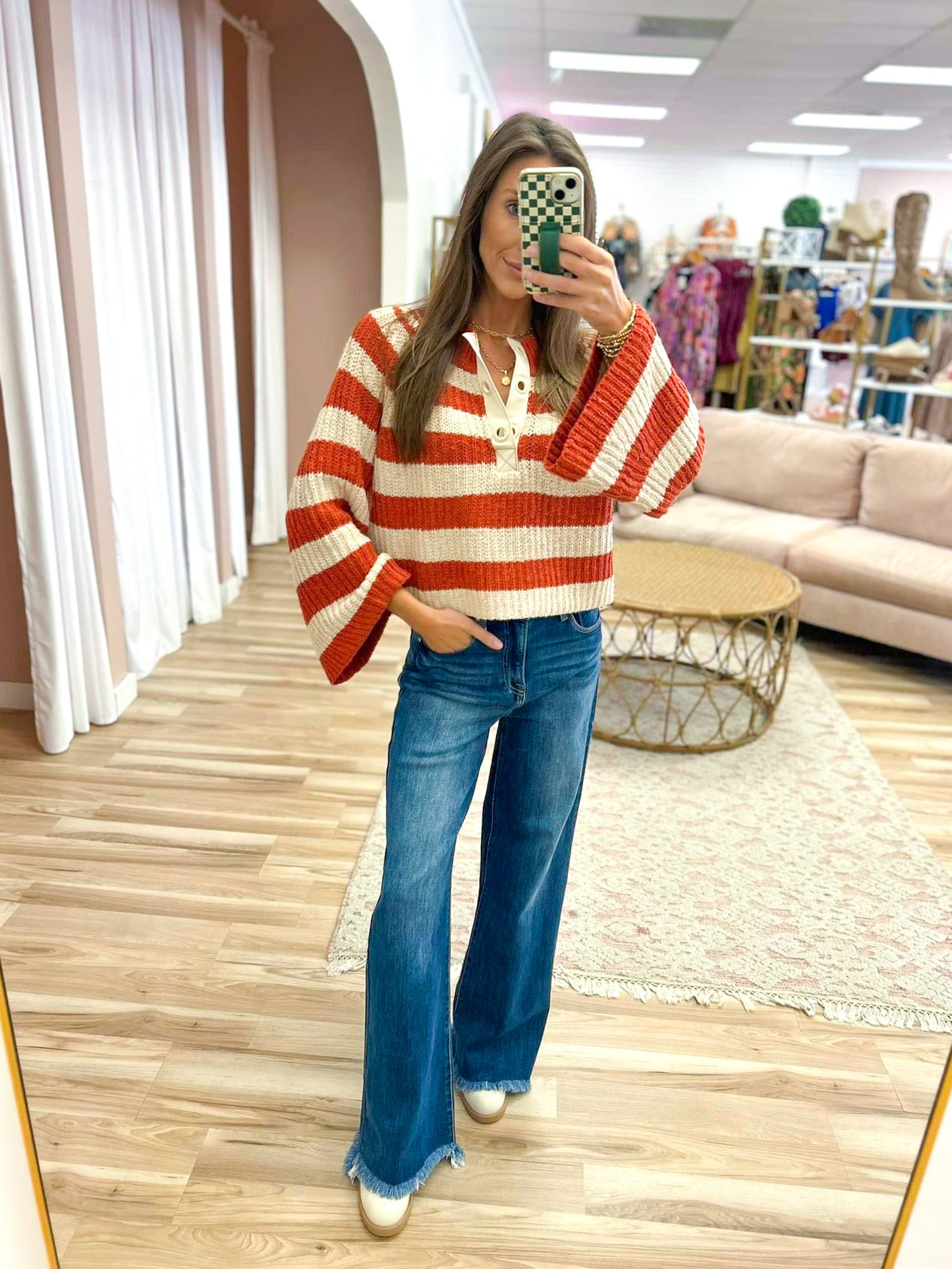 Burnt Orange Stripe Bell Sleeve Sweater