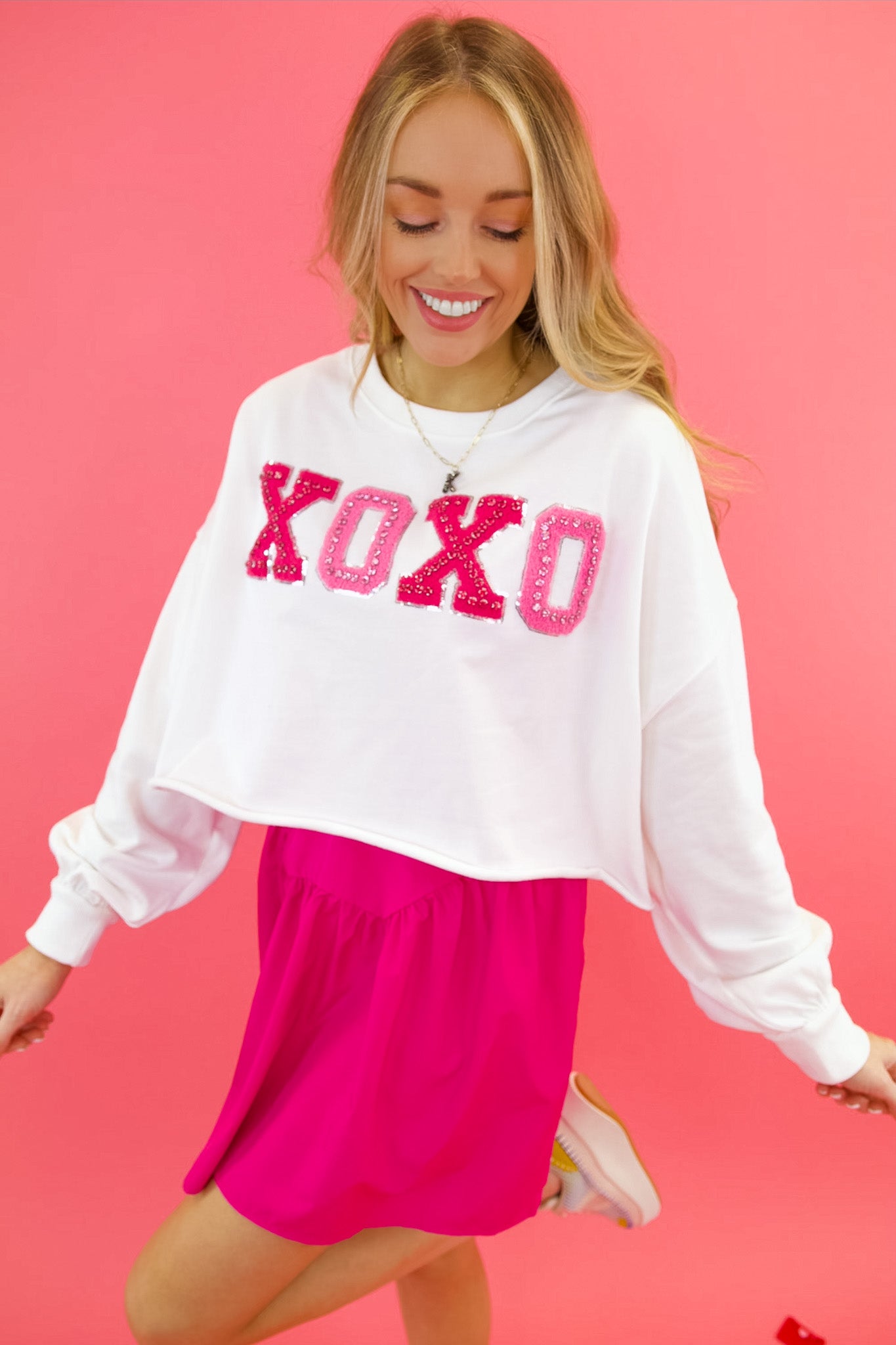 "XOXO" Chenille Patch Rhinestone Cropped Pullover