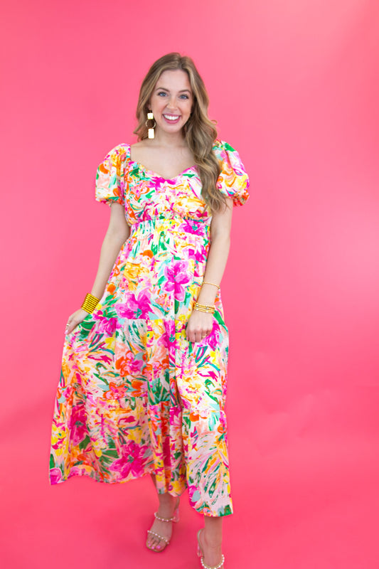 Floral Puff Sleeve Tiered Midi Dress