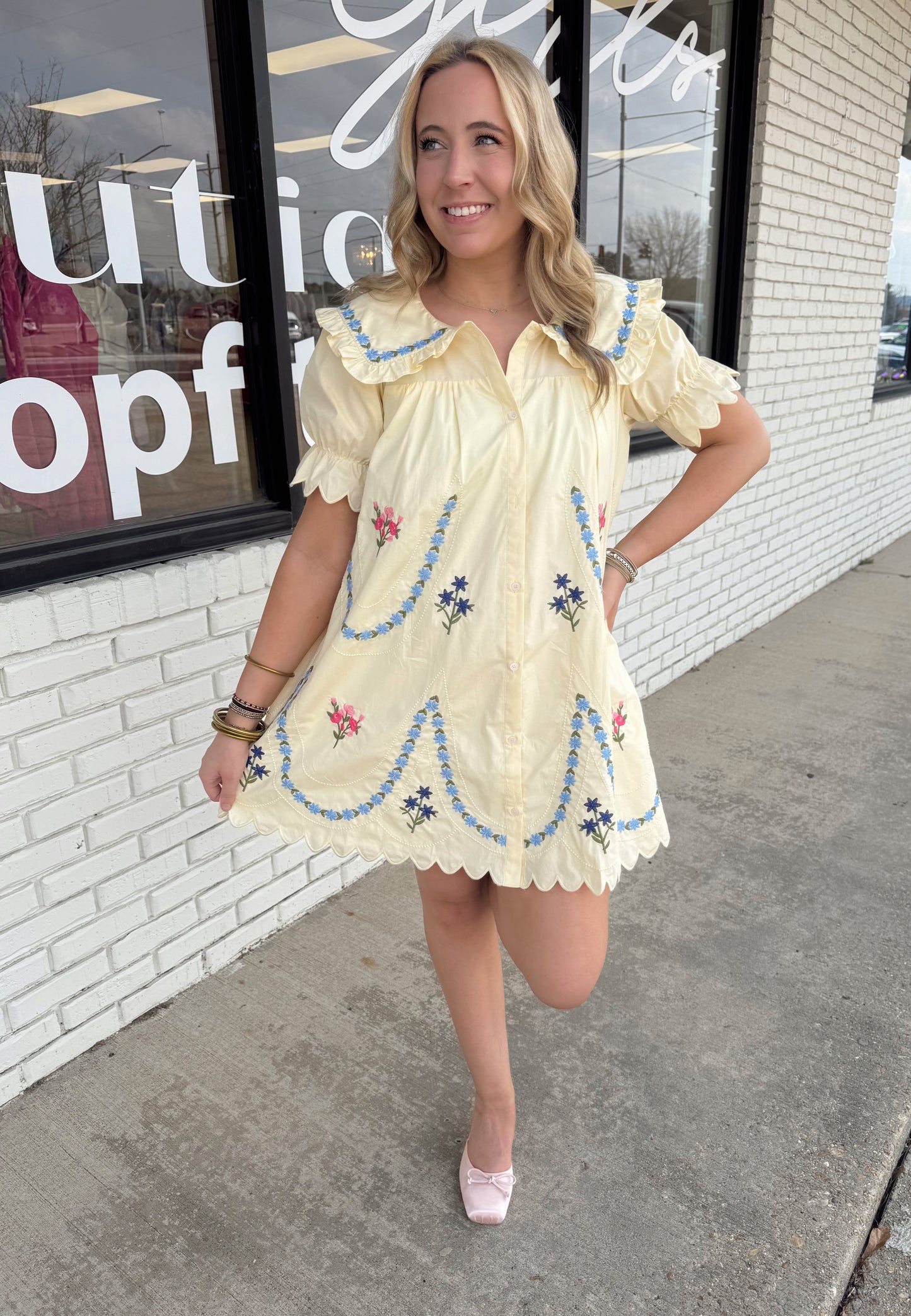 Yellow Floral Embroidered Scallop Dress