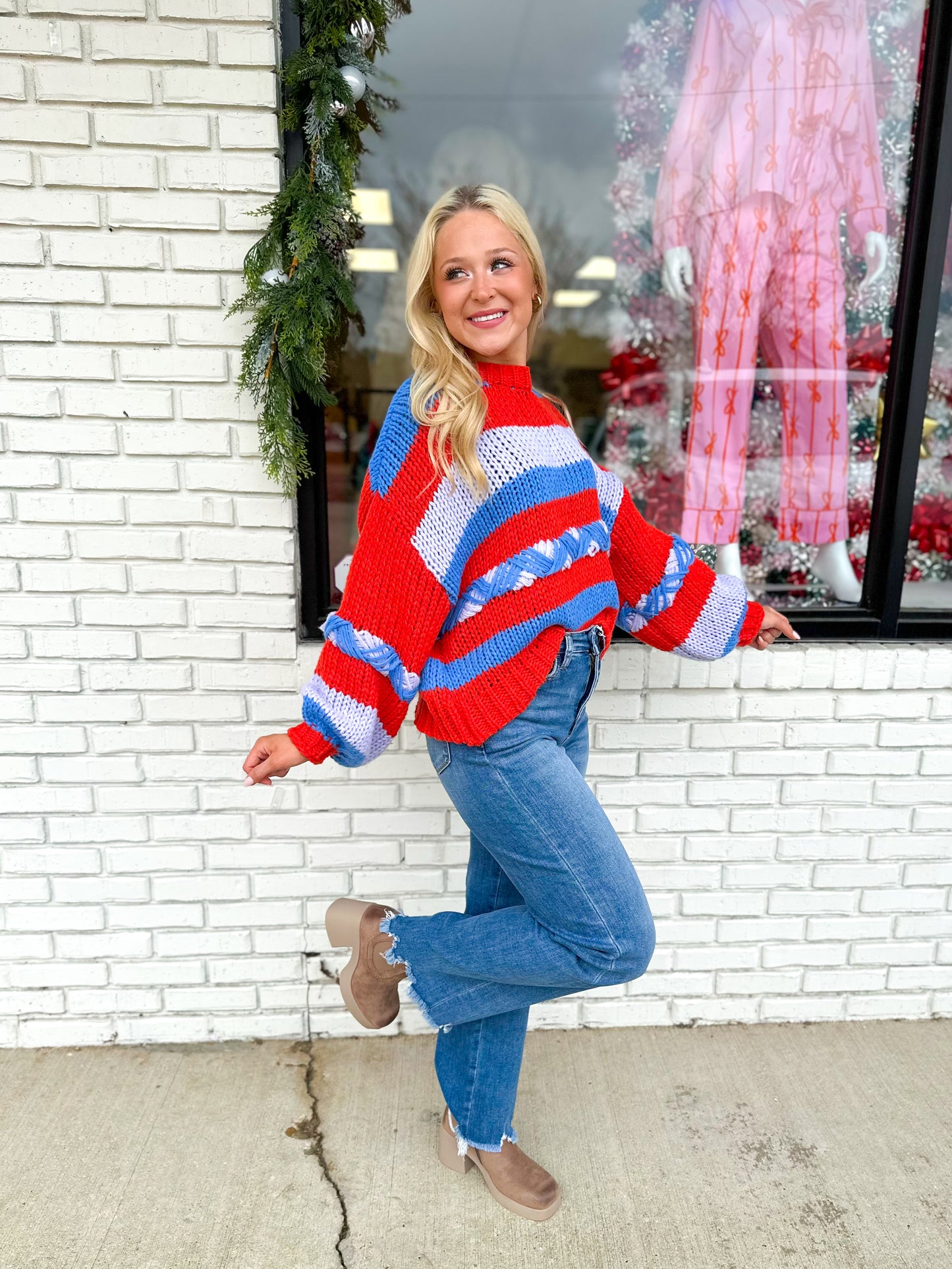 Red Blue Chunky Knit Sweater