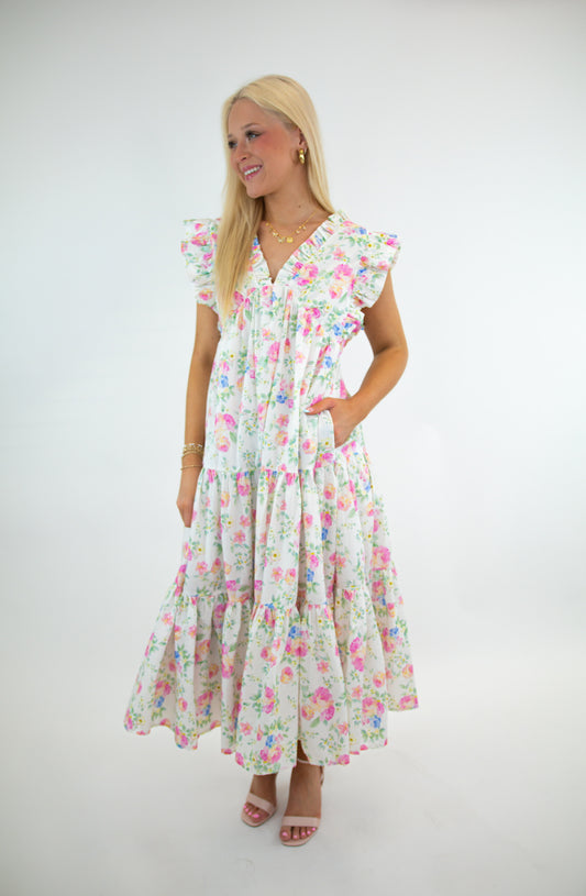Ivory Pink Floral Flutter Sleeve Dress