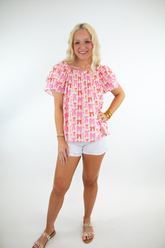 Pink Bow Ruffle Sleeve Top