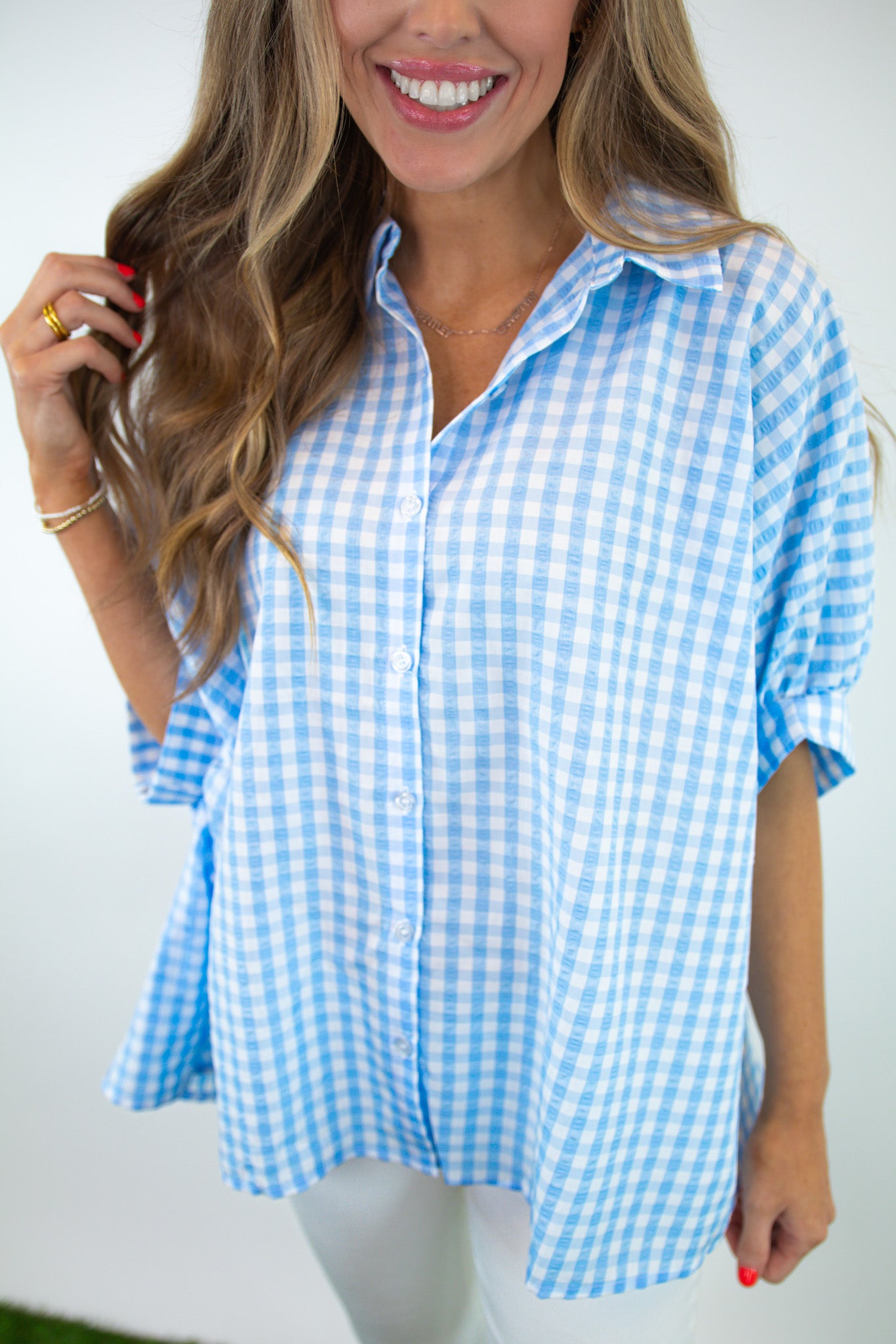 Blue Button Down Oversized Gingham Top