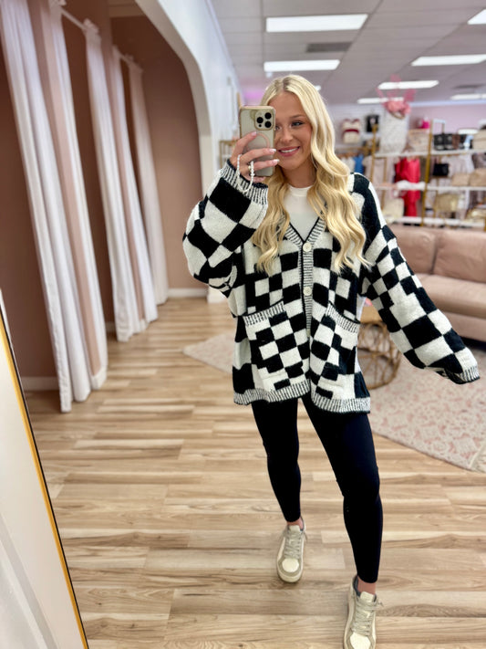 Black & White Checkered Chunky Cardigan