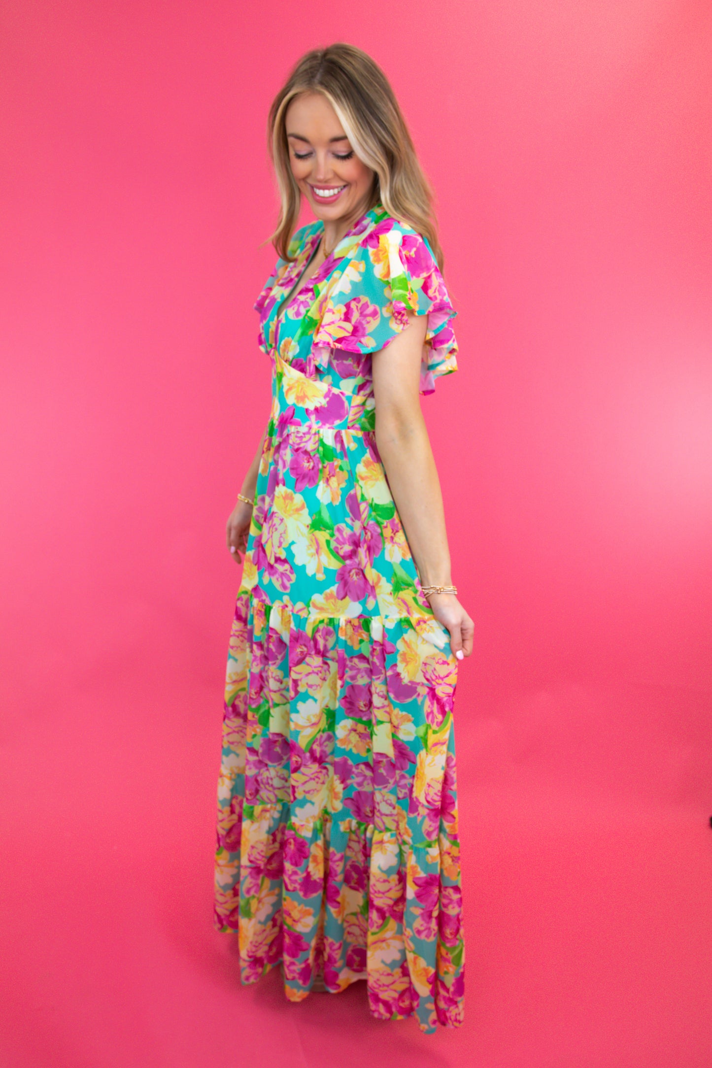 Turquoise Floral Flutter Sleeve Maxi Dress