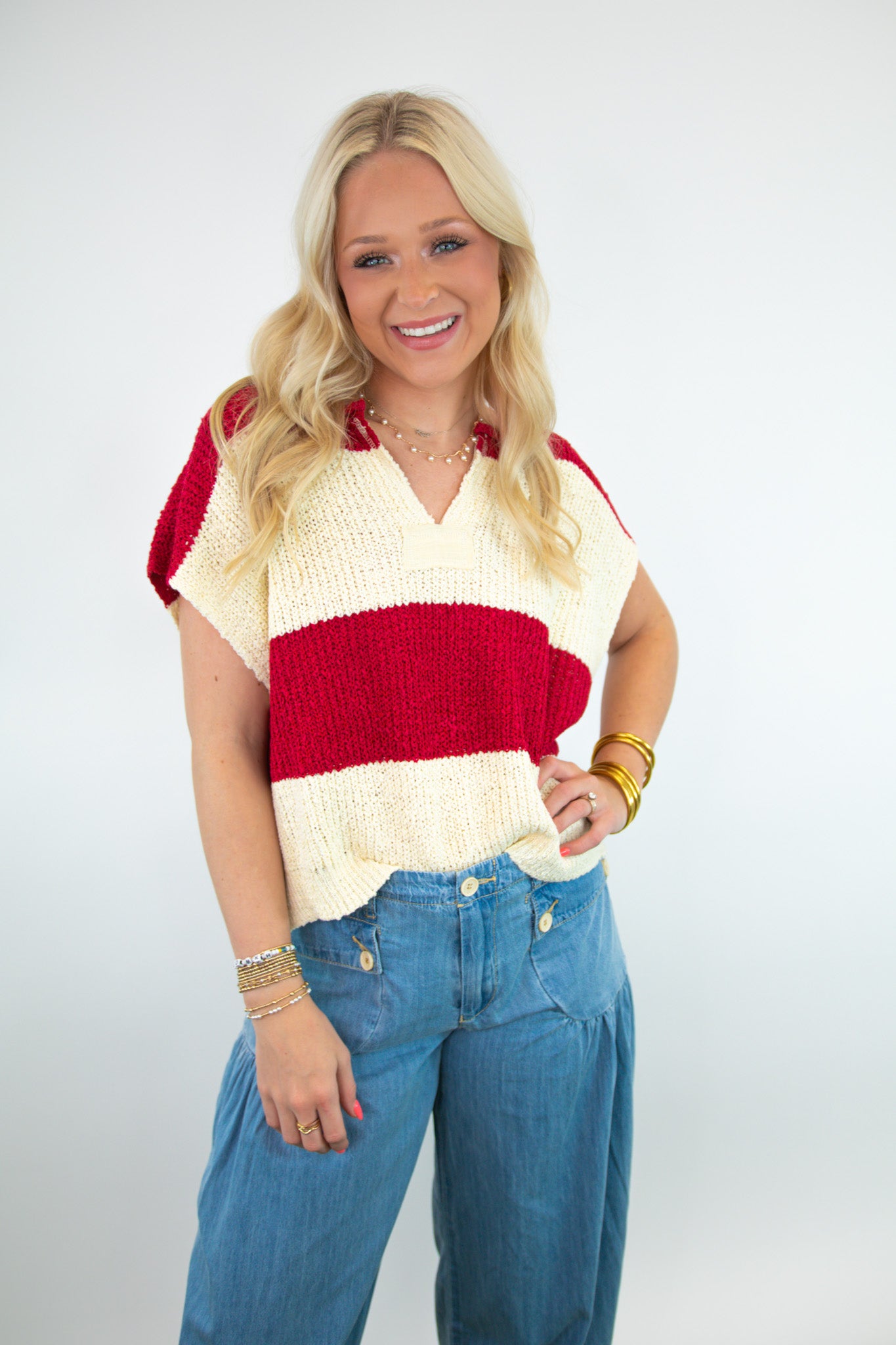 Red & White Striped Sleeveless Sweater