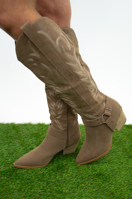 Taupe Knee High Buckle Boots