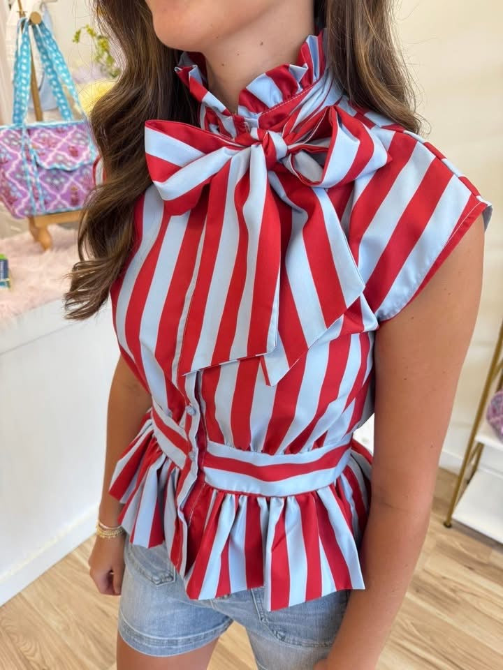Red and Blue Bow Detail Blouse