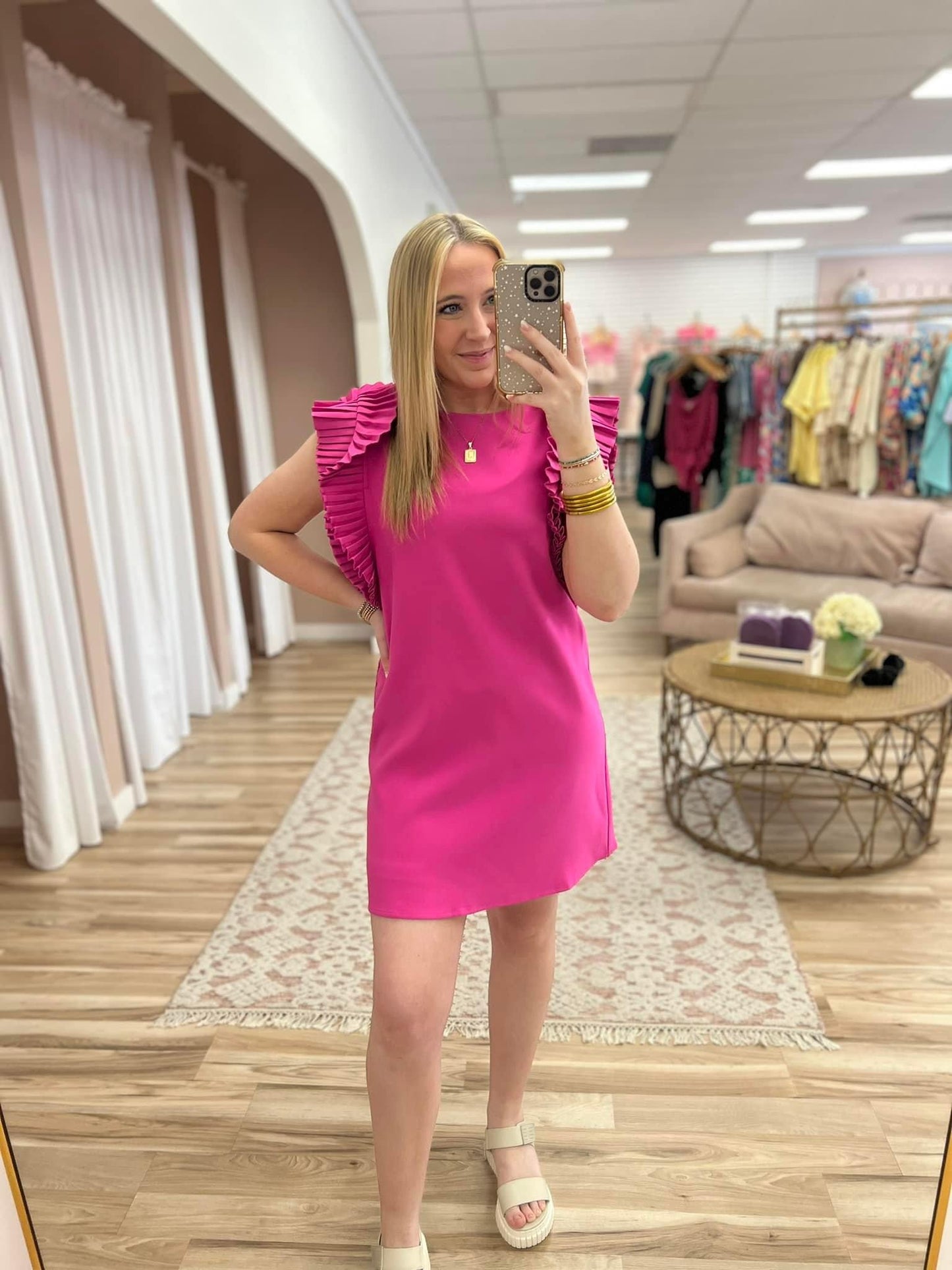 Pleated Shoulder Fuschia Dress