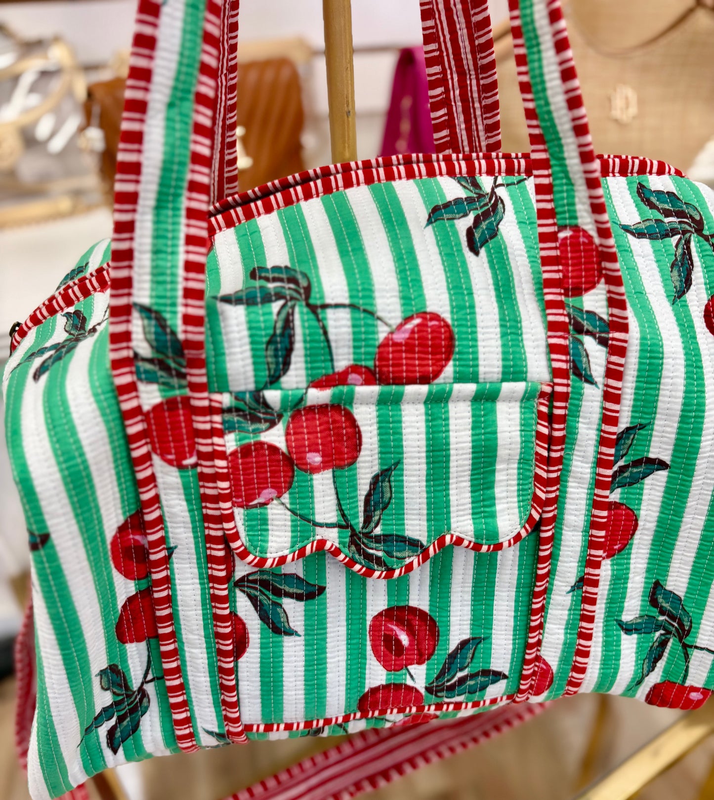Campbell Green Striped Cherry Duffle Bag